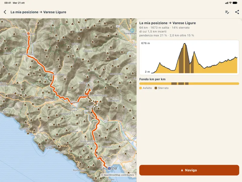 Dettaglio di una traccia su iPad: mappa e profilo altimetrico affiancati.