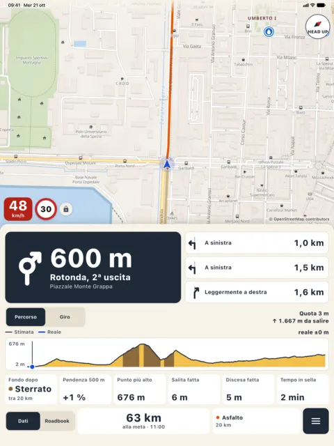 iPad Pro in verticale: mappa sopra, pannello con svolta, tre svolte successive, profilo e dati sotto.