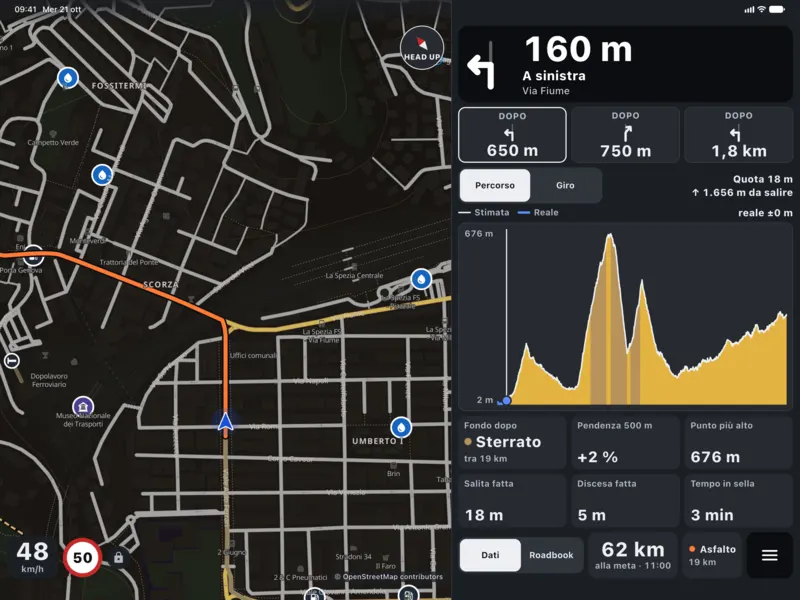 iPad Pro di notte: mappa scura, a sinistra tra 160 m, profilo altimetrico e dati.