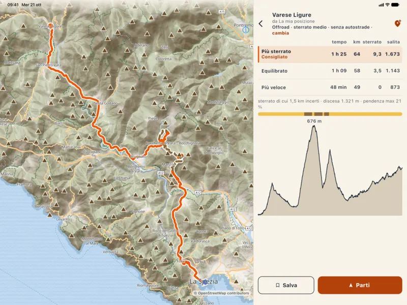 Su iPad: mappa con il percorso verso Varese Ligure e, a destra, la tabella con tempo, km, sterrato e salita e il profilo altimetrico.