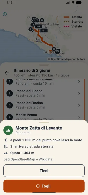 Tappa Monte Zatta di Levante: a piedi 1.030 m dal punto dove lasci la moto, si arriva su strada sterrata, quota 1.404 m, pulsanti «Tieni» e «Togli».