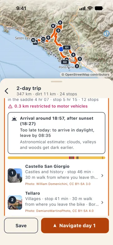 2-day trip, 347 km: "Arrival around 18:57, after sunset (18:27)", "Too late today: to arrive in daylight, leave by 08:35" and the note on the astronomical estimate.