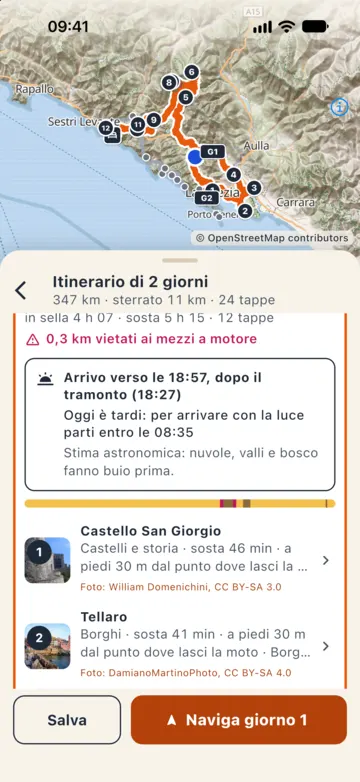 Itinerario di 2 giorni, 347 km: «Arrivo verso le 18:57, dopo il tramonto (18:27)», «Oggi è tardi: per arrivare con la luce parti entro le 08:35» e la nota sulla stima astronomica.