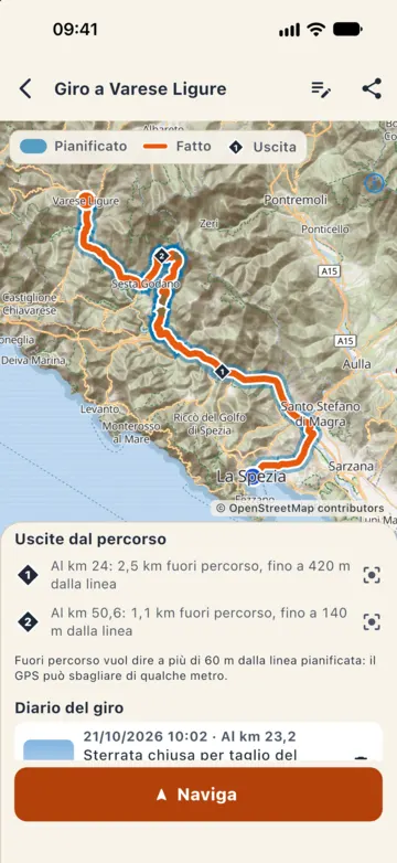 Uscite dal percorso: al km 24, 2,5 km fuori percorso fino a 420 m dalla linea; al km 50,6, 1,1 km fino a 140 m; nota sull'errore del GPS.