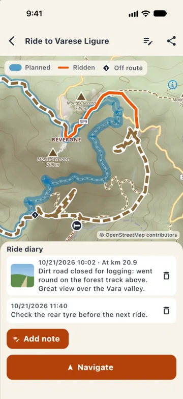 Ride diary: a note with a photo at km 23.2 about a dirt road closed for logging and a note about the rear tyre.