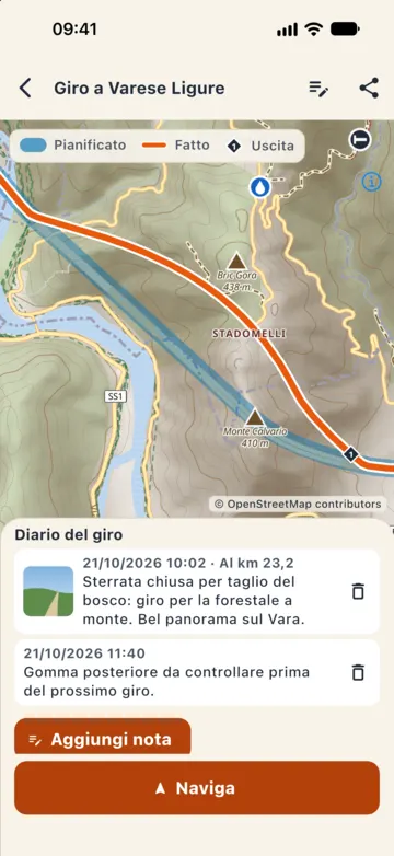 Diario del giro: una nota con foto al km 23,2 sulla sterrata chiusa per taglio del bosco e una nota sulla gomma posteriore.