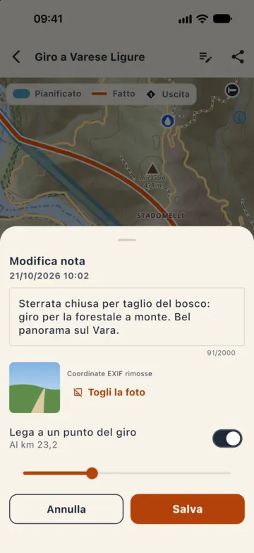Modifica di una nota: testo, foto con le coordinate EXIF rimosse e «Lega a un punto del giro» al km 23,2.