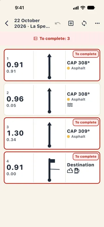 Roadbook editor after the ride: "To complete: 3" at the top and boxes with km, tulip, heading and surface; marks with no type are labelled "To complete".