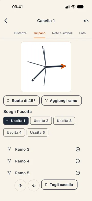Casella 1, scheda Tulipano: incrocio con l'uscita in arancio, «Ruota di 45°», «Aggiungi ramo», scelta dell'uscita e rami da togliere.