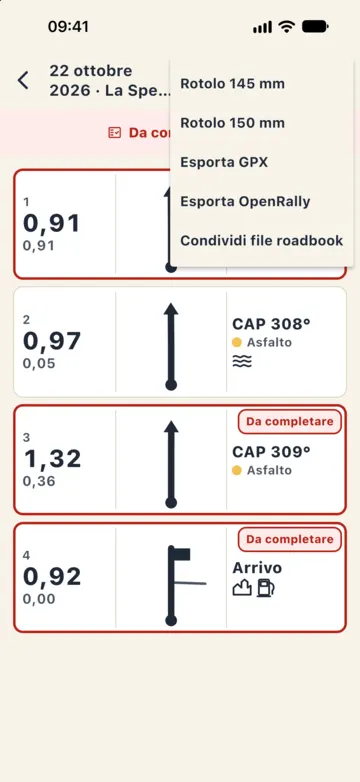 Menu di esportazione dell'editor: Rotolo 145 mm, Rotolo 150 mm, Esporta GPX, Esporta OpenRally, Condividi file roadbook.