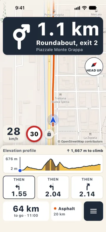 Navigating towards Varese Ligure at 28 km/h with a 30 limit: roundabout in 1.1 km and, under the map, the elevation profile with your position and 1,667 m still to climb.