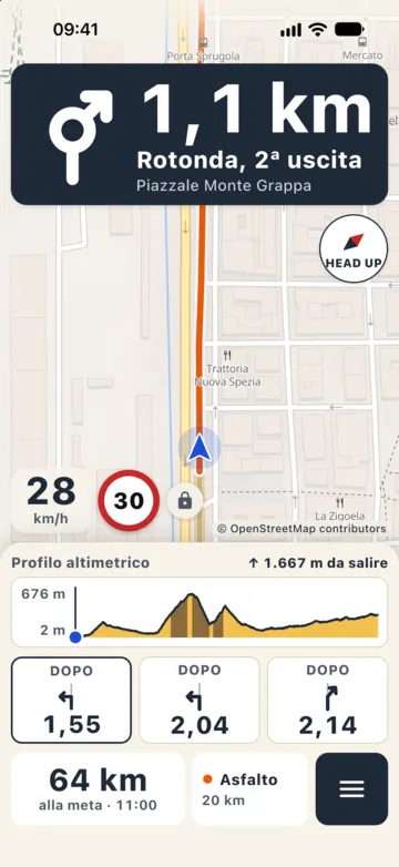Guida verso Varese Ligure a 28 km/h col limite 30: rotonda tra 1,1 km e, sotto la mappa, il profilo altimetrico con il punto in cui sei e 1.667 m ancora da salire.