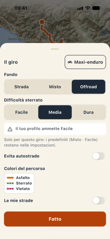 Foglio del giro con il profilo Maxi-enduro, fondo Offroad e difficoltà Media: avviso «Il tuo profilo ammette Facile».