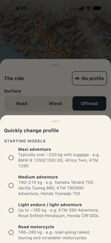 Ride sheet with "Quickly change profile": Maxi adventure, Medium adventure, Light enduro / light adventure and Road motorcycle, each with weight and example bikes.