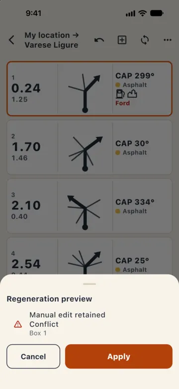 "Regeneration preview": "Manual edit retained" with a conflict on box 1, and the Cancel and Apply buttons.