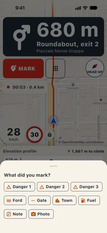 "What did you mark?": Danger 1, Danger 2, Danger 3, Ford, Gate, Town, Fuel, Note and Photo.