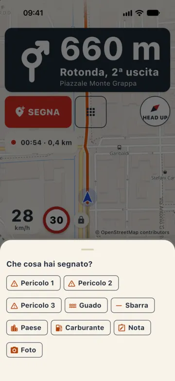 «Che cosa hai segnato?»: Pericolo 1, Pericolo 2, Pericolo 3, Guado, Sbarra, Paese, Carburante, Nota e Foto.