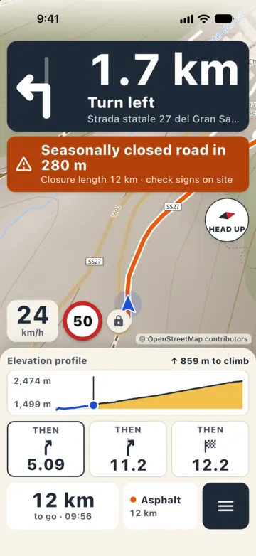 Navigating on the Strada statale 27 del Gran San Bernardo: orange banner warning of a seasonally closed road ahead, 12 km long, check the signs on site; elevation profile under the map.