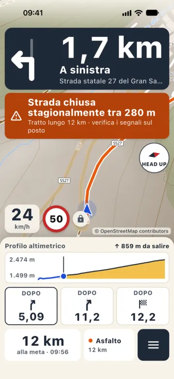 Guida sulla Strada statale 27 del Gran San Bernardo: banner arancio «Strada chiusa stagionalmente tra 280 m · Tratto lungo 12 km · verifica i segnali sul posto», con il profilo altimetrico sotto la mappa.