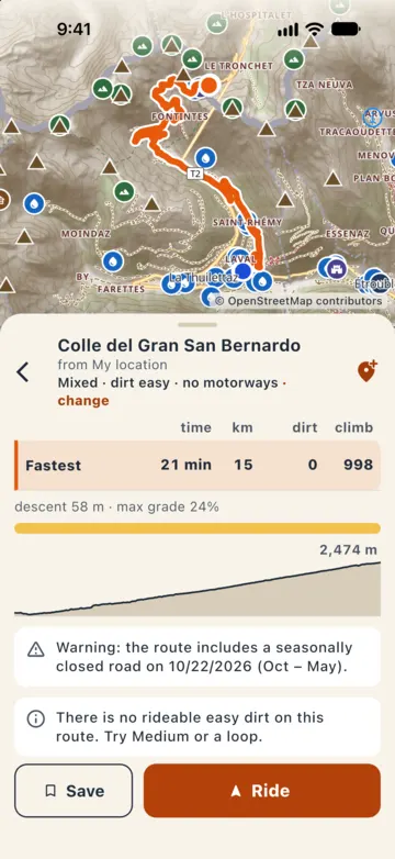 Summary to the Colle del Gran San Bernardo, 21 min and 15 km, warning that the route includes a road seasonally closed on the ride date (October to May).