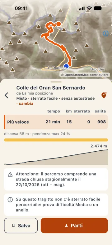 Riepilogo verso il Colle del Gran San Bernardo, 21 min e 15 km: «Attenzione: il percorso comprende una strada chiusa stagionalmente il 22/10/2026 (ott – mag)».