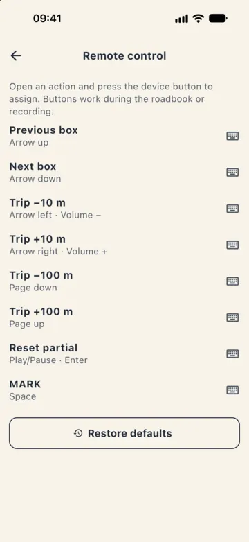 Settings › Remote control: previous and next box, trip ±10 and ±100 m, reset partial and MARK, each with its assigned key (arrows, volume, page up and down, Play/Pause, Enter, Space).