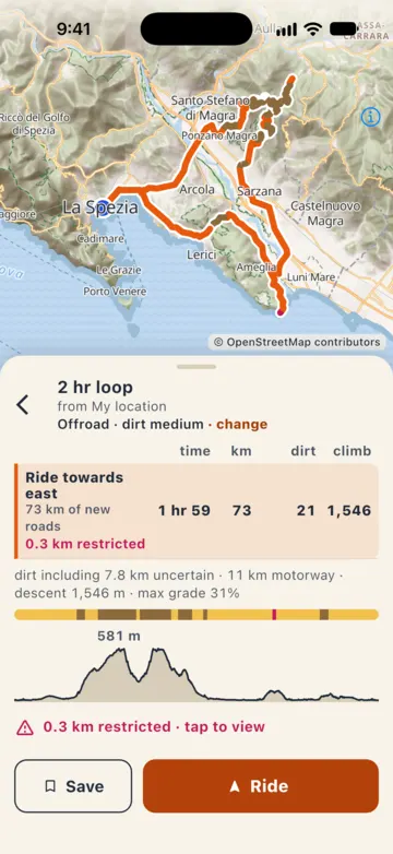 2 hr loop from La Spezia, Offroad · dirt medium: "Ride towards east" recommended, 1 hr 59, 73 km, 21 km of dirt, 73 km of new roads and 0.3 km restricted flagged.