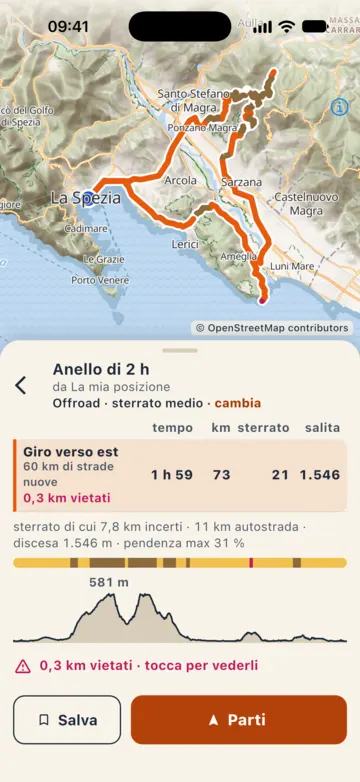 Anello di 2 h da La Spezia, Offroad · sterrato medio: «Giro verso est» consigliato, 1 h 59, 73 km, 21 km di sterrato, 60 km di strade nuove e 0,3 km vietati segnalati.