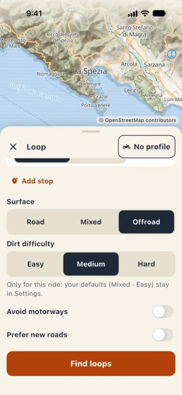 Loop sheet with surface Offroad, difficulty Medium and "Find loops".