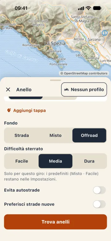 Foglio dell'anello con fondo Offroad, difficoltà Media, «Evita autostrade» acceso e «Trova anelli».