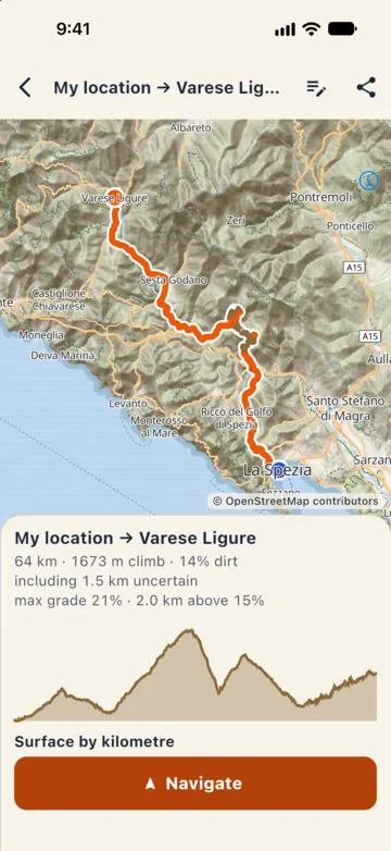 Track detail: map, km, climb, share of dirt, steepest gradient, profile and Navigate button.