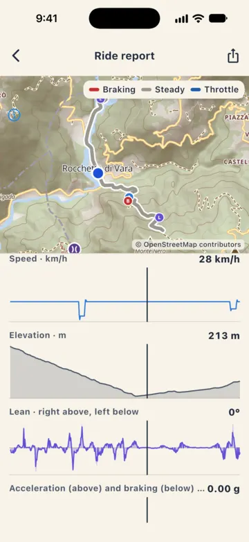 Report charts: speed, elevation, lean and acceleration with the vertical cursor on the same point, 28 km/h and 213 metres, and the matching dot on the map.