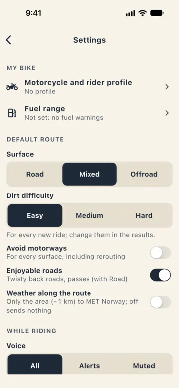 Settings › Default route: surface Mixed, dirt difficulty Easy, avoid motorways off, enjoyable roads on; Voice and Map below.