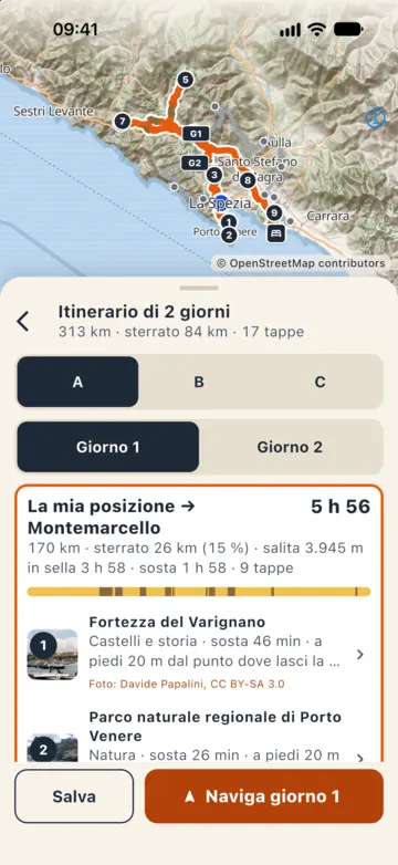 Itinerario di 2 giorni: 313 km, 84 km di sterrato, 17 tappe; il giorno 1 verso Montemarcello parte dalla Fortezza del Varignano.