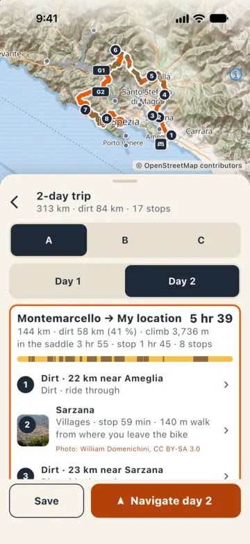 Day 2 of the trip back to the start, with its stops and "Navigate day 2".