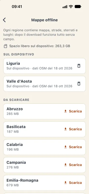 Mappe offline: Liguria e Valle d'Aosta sul dispositivo, sotto le regioni da scaricare con il peso.