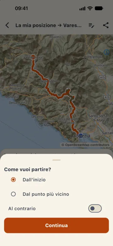 Finestra «Come vuoi partire?» con Dall'inizio, Dal punto più vicino e l'interruttore Al contrario, pulsante Continua.