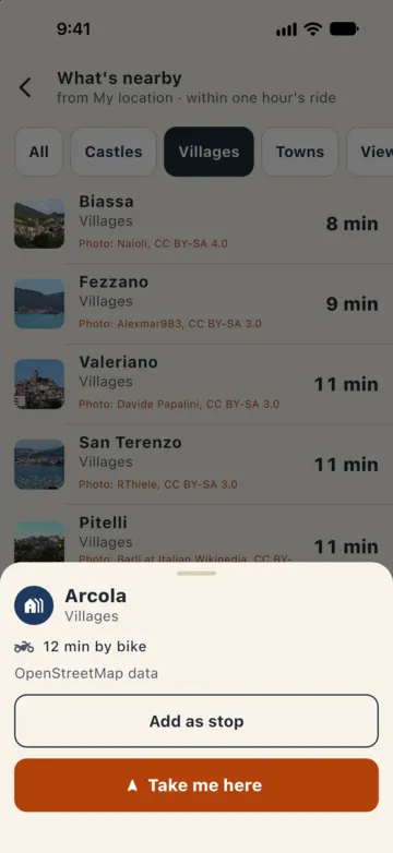 Card for Arcola, a village 12 minutes away by bike, with "Add as stop" and "Take me here".