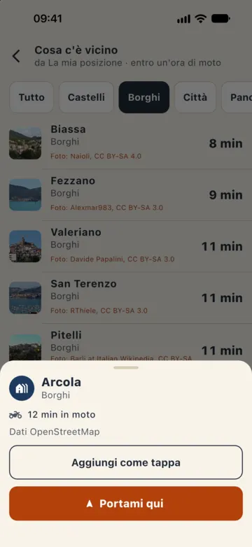 Scheda di Arcola, borgo a 12 minuti in moto, con «Aggiungi come tappa» e «Portami qui».