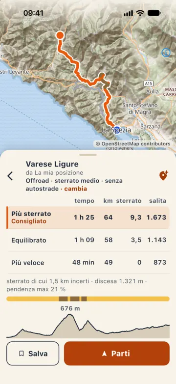 La Spezia → Varese Ligure con fondo Offroad e sterrato Media, senza autostrade: «Più sterrato» consigliato 1 h 25, 64 km, 9,3 km di sterrato, 1.673 m di salita; «Equilibrato» e «Più veloce» sotto; striscia del fondo e profilo fino a 676 m.