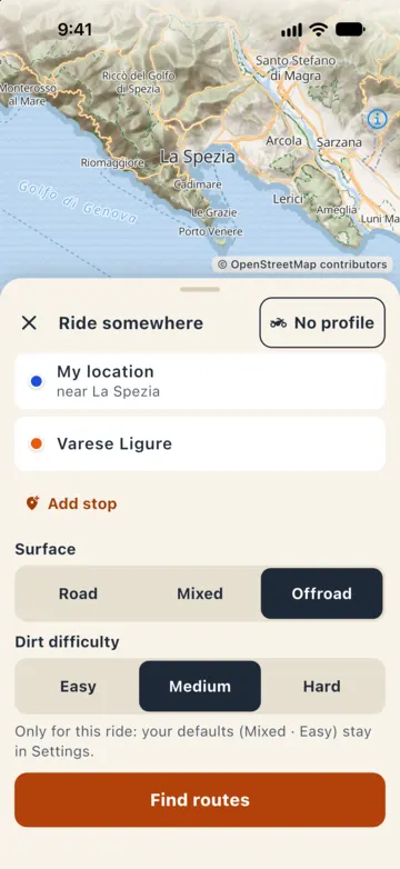 Ride somewhere form: My location, Varese Ligure, "Add stop", surface Offroad, difficulty Medium, "Find routes".