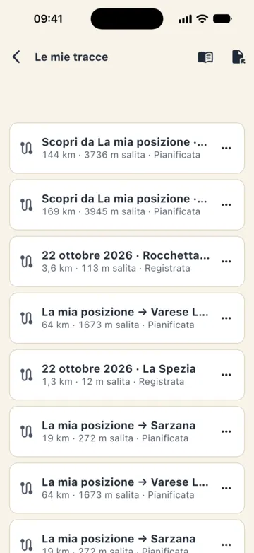 Le mie tracce: itinerari e percorsi «Pianificata» e giri «Registrata», ognuno con km, salita e fonte.