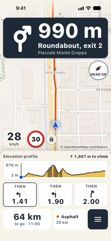 Navigating in town: roundabout, exit 2 in 990 m on Piazzale Monte Grappa, 28 km/h with a 30 limit, elevation profile with 1,667 m to climb, the next three turns and 64 km to go, arriving at 11:00.
