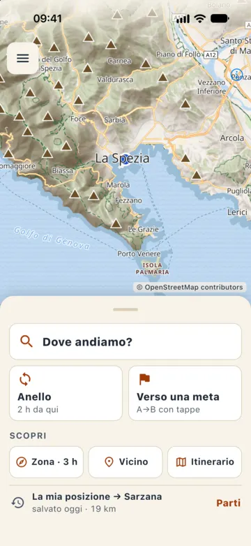 Schermata iniziale di Polly Track: carta topografica attorno a La Spezia, «Dove andiamo?» e le scelte Anello, Verso una meta, Zona, Vicino e Itinerario.