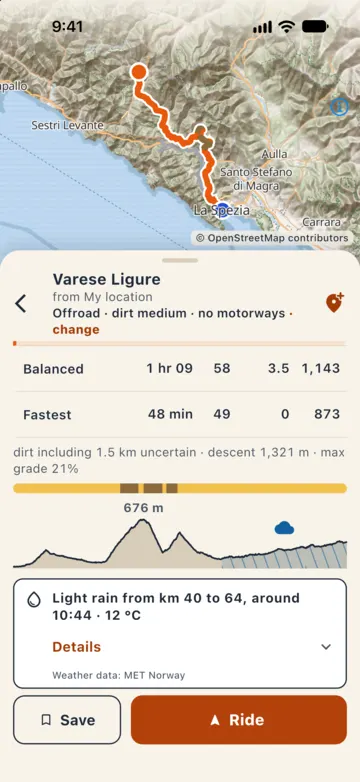 Route summary to Varese Ligure: on the elevation profile the rainy stretch is hatched and marked with a cloud; below, the box "Light rain from km 40 to 64, around 10:44 · 12 °C" and "Weather data: MET Norway".