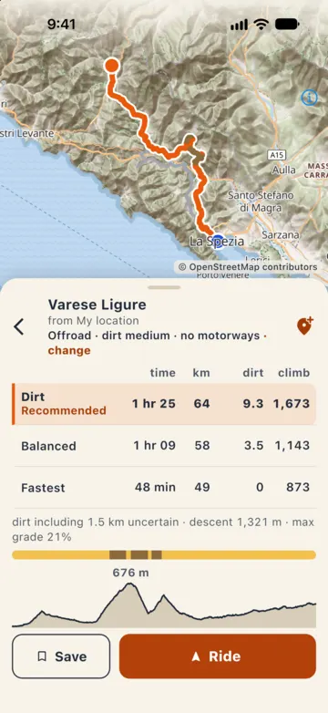 Routes to Varese Ligure, Offroad · dirt medium · no motorways: "Dirt" recommended, 1 hr 25, 64 km, 9.3 km of dirt, 1,673 m of climb; "Balanced" 1 hr 09; "Fastest" 48 min with no dirt; below, the surface strip and the elevation profile.
