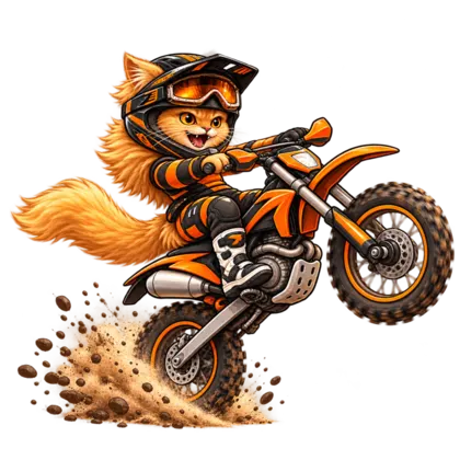 Polly, la gattina motociclista, impenna su una moto da enduro arancione.