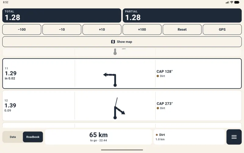 Training: roadbook only at full width, trip meter with corrections and large boxes.