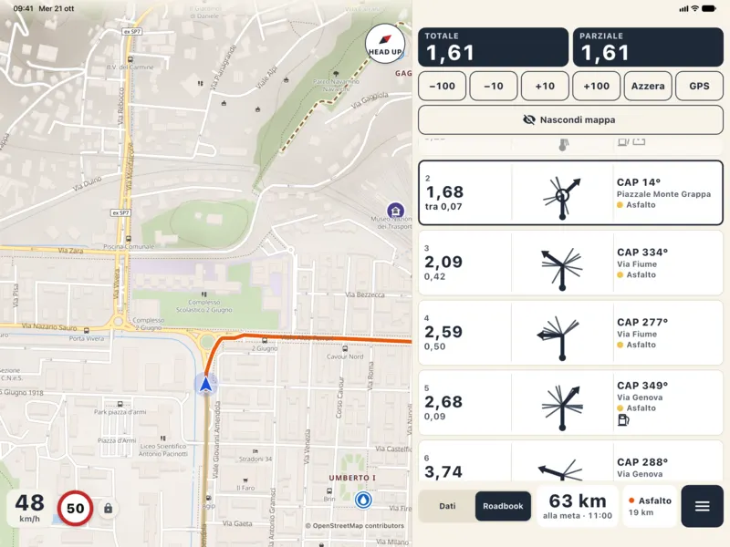 Roadbook rally su tablet: mappa a sinistra; a destra contachilometri totale e parziale con i pulsanti di correzione e le caselle con km, tulipano, CAP e fondo.
