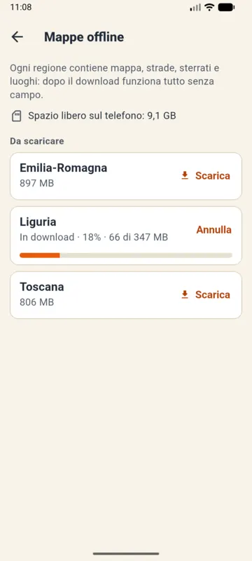 Mappe offline: Liguria in download al 18%, 66 di 347 MB, con Annulla; Emilia-Romagna 897 MB e Toscana 806 MB da scaricare.
